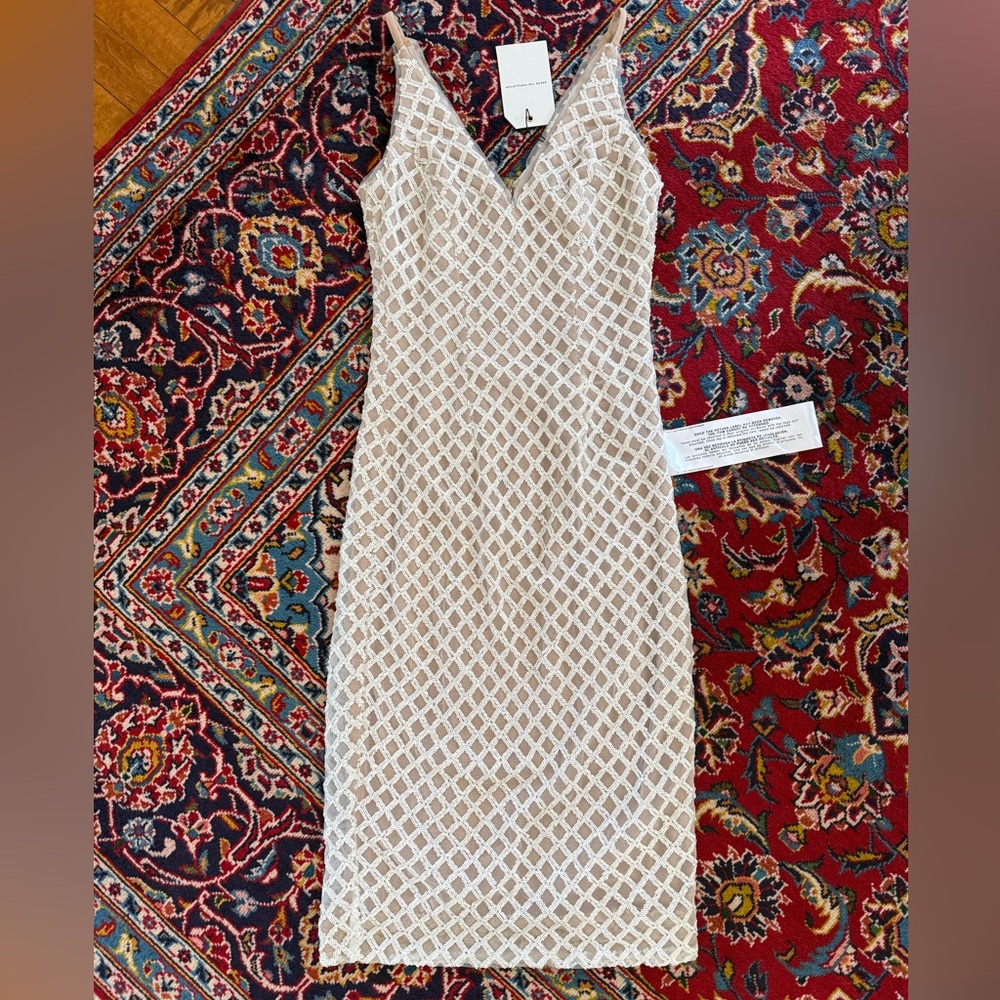 Dress The Population NWT Luna Sequin Mesh Midi Dress White Nude XS